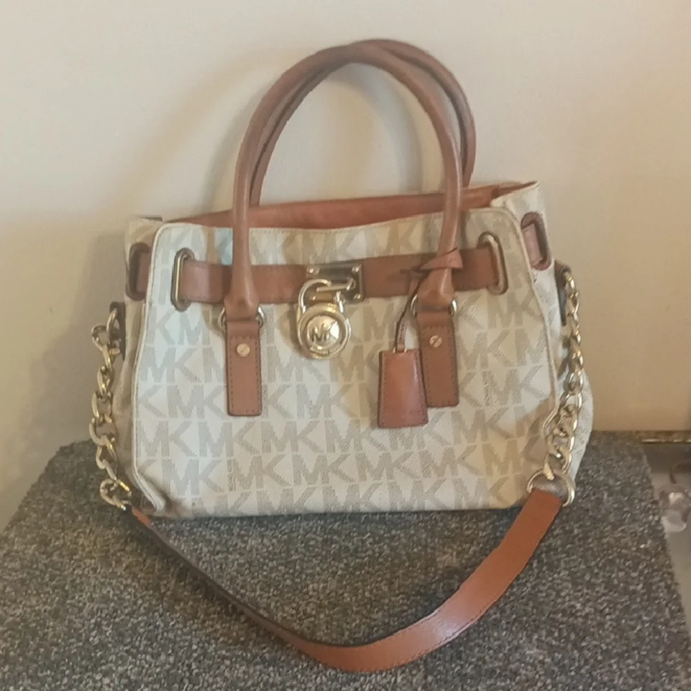 Michael Kors Tan and Cream Satchel Purse Coated Canvas